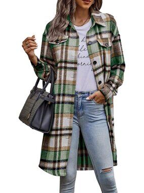 Women's Plaid Green White Plaid Shacket Jacket Flannel Shirts Long Sleeve Jacket